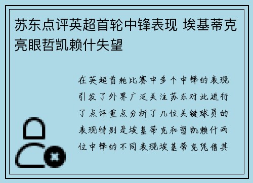 苏东点评英超首轮中锋表现 埃基蒂克亮眼哲凯赖什失望